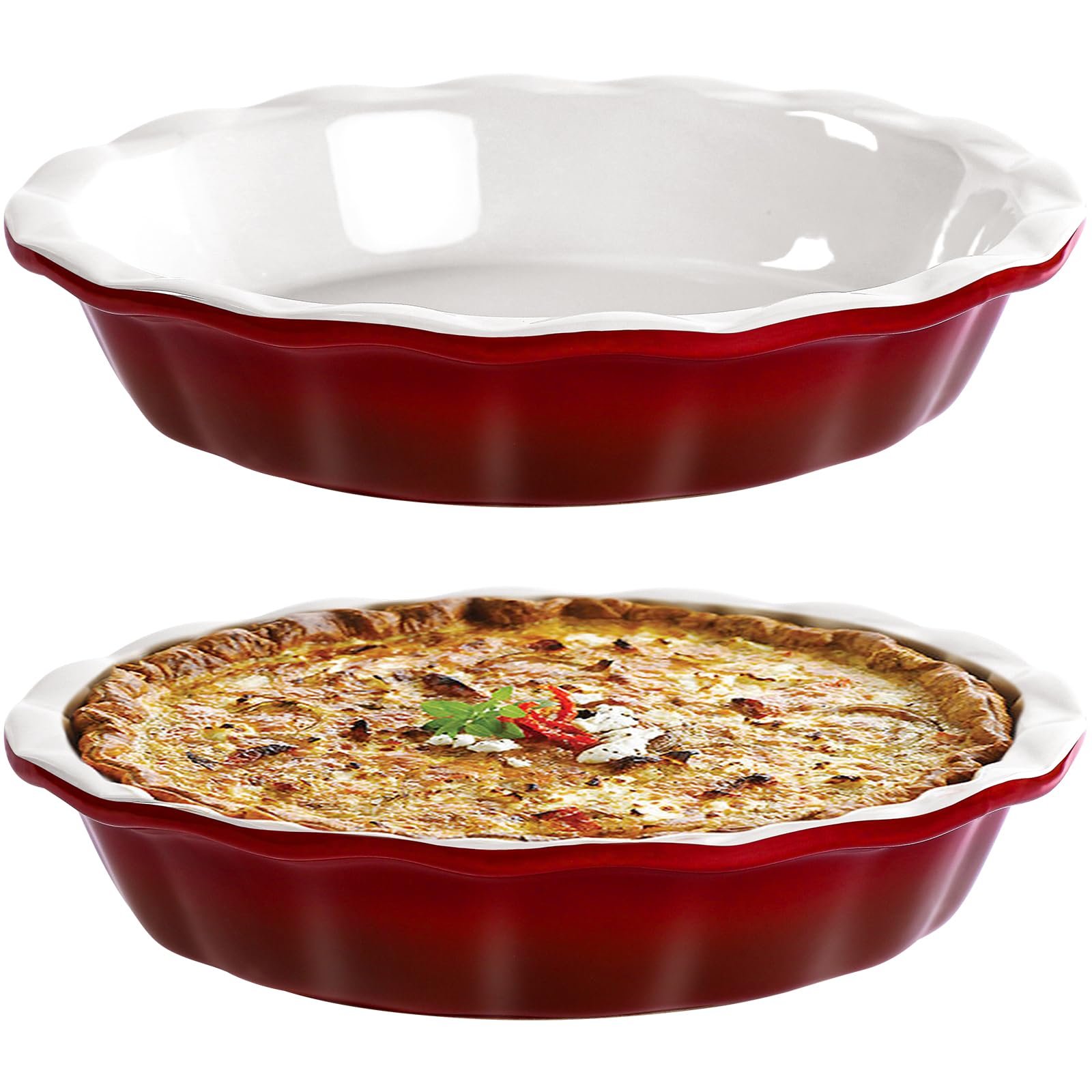 Lareina Deep Dish Pie Pan for Baking, 9 Inch Ceramic Fluted Pie Dish for Apple, Quiche, Pecan, Pot Pies, 53 Ounce Round Pie Plate, Set of 2, Red