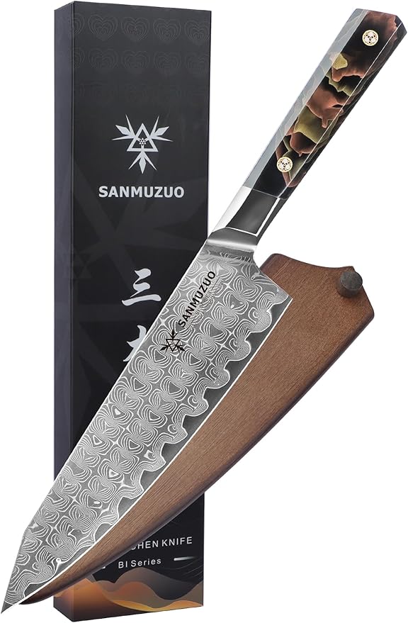SANMUZUO Kitchen Chef Knife 8 Inch, Professional Kitchen Knife, Ultra Sharp Damascus Powder Steel with Full-tang Resin Handle, Bi Series