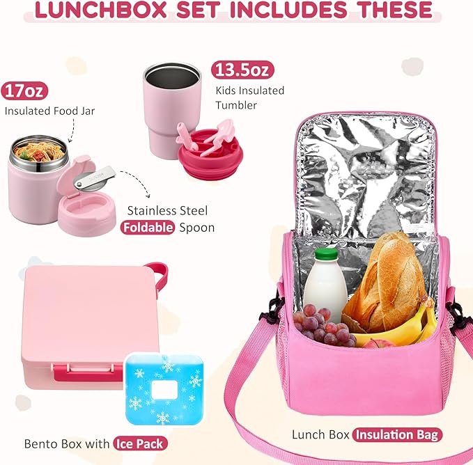 Pawtong Lunch Box Set with Bento Box Container, 17OZ Stainless Steel Food Soup Thermo, Kids Water Bottle & Portable Insulated Lunch Bag – Leakproof, Hot/Cold Retention for School, Travel(Pink)