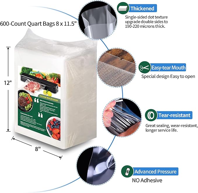 Vacuum Storage Bags, Vacuum Seal Bags for Food, 8x11 Inch Quart Bags 600pcs