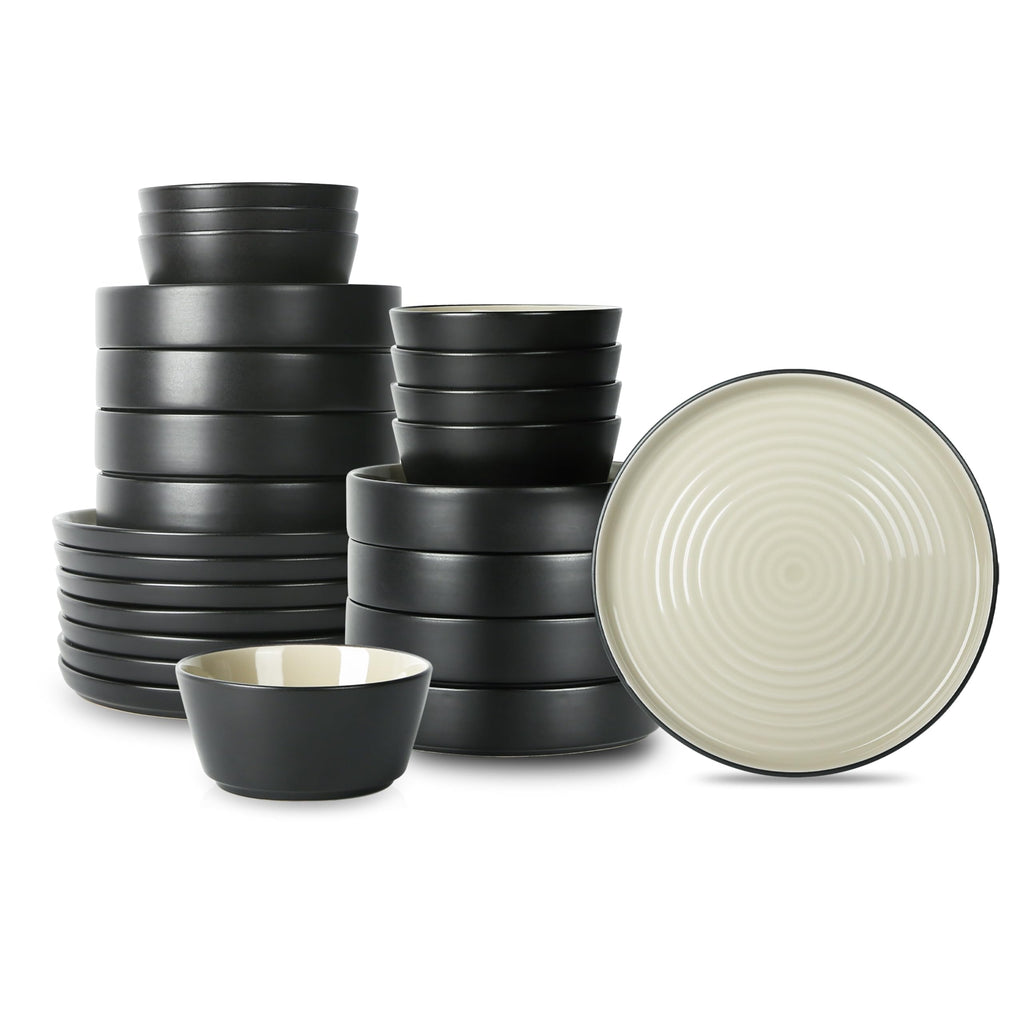 Stone Lain Elica 24-Piece Modern Dinnerware Set Stoneware, Plates and Bowl Sets for 8, Beige and Black