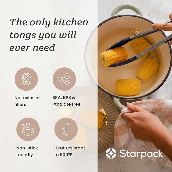 Starpack Get a Grip Silicone Kitchen Tongs (12 Inch) - LFGB Non Toxic, 600°F Heat Resistant, BPA-Free - Heavy-Duty Stainless Steel, Locking - Dishwasher Safe for Nonstick Cookware