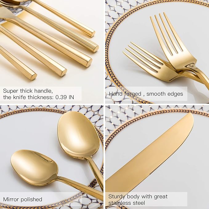 Kelenfer Gold Silverware Set Flatware Set Stainless Steel Cutlery Set 40 Pieces Hexagon Handle Home Kitchen Daily Use Service for 8