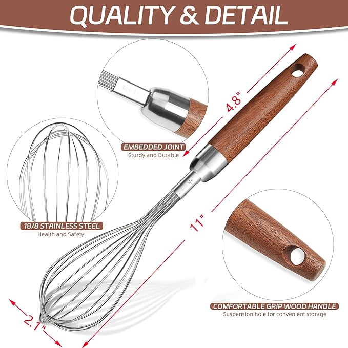 EVNSIX Stainless Steel Wire Cooking Whisk, Multi Function Kitchen Hand Whisk Non Stick Balloon Whisk Egg Beater for Blending Whisking Beating Frothing Stirring Batters,Wooden Handle (11""L x 2.1""W)