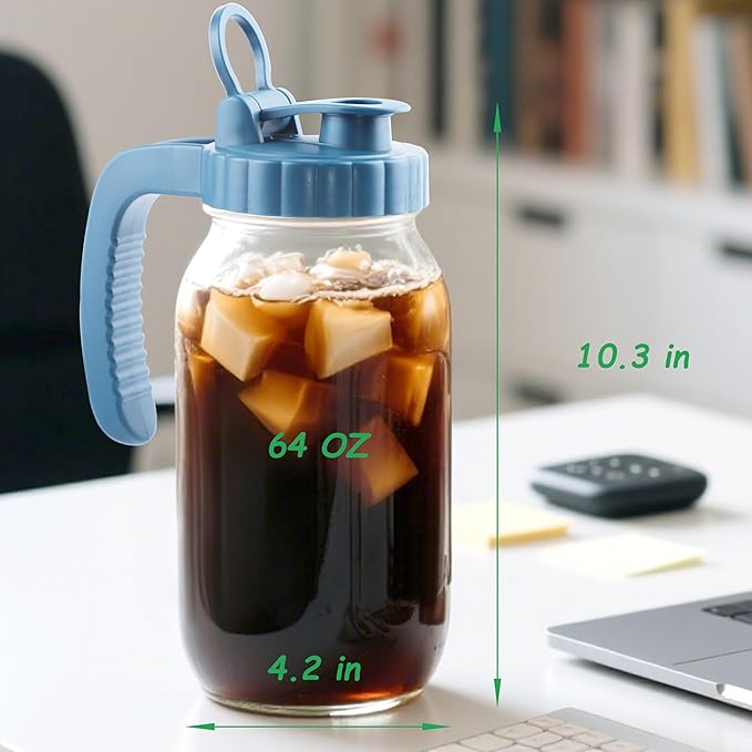 GMAEURL Mason Jar Pitcher With Stainless Steel Filter 64 OZ Wide Mouth Cold Brew Coffee Maker 2 Quart Glass water pitcher with lid Half Gallon Cold hot Tea maker For Lemonade Milk Juice Refrigerator