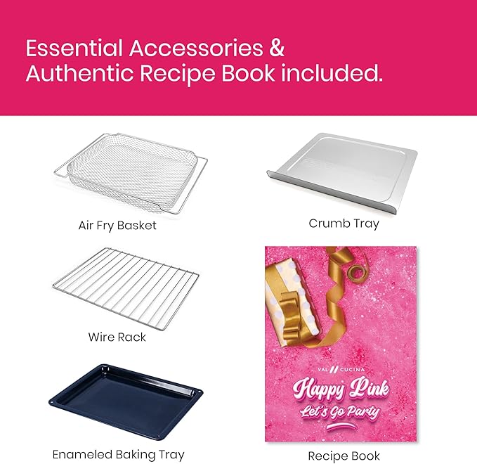 VAL CUCINA 26.3 QT Limited Edition Happy Pink Infrared Heating Air Fryer Toaster Oven, Large Countertop Convection Oven 10-in-1 Combo, 6-Slice Toast, Enamel Baking Pan Easy Clean with Recipe Book