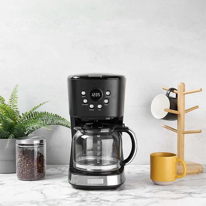 HADEN Coffee Machine, 12 Cup Programmable Drip Coffee Maker with Auto Shut-Off Function and Reusable Washable Water Filter, Black & Chrome