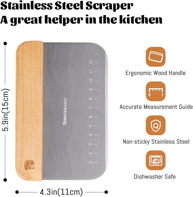 ROCKSHEAT Bench Scraper & Chopper, Stainless Steel Dough Cutter with Wooden Handle, Thick Sharp Blades Pizza Bread Cutter, Multipurpose Kitchen Tool for Baking Cooking