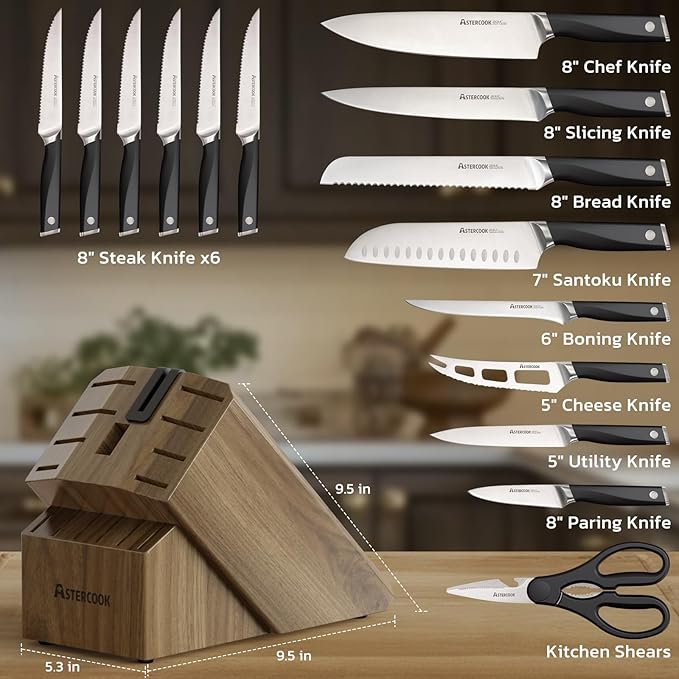 Astercook Knife Set, Kitchen Knives Set with Block and Sharpener Full Tang 17 Pcs German Stainless Steel Knives Sharp Blade Dishwasher Safe Premium Knife Set, Black Father Day Gifts for Men