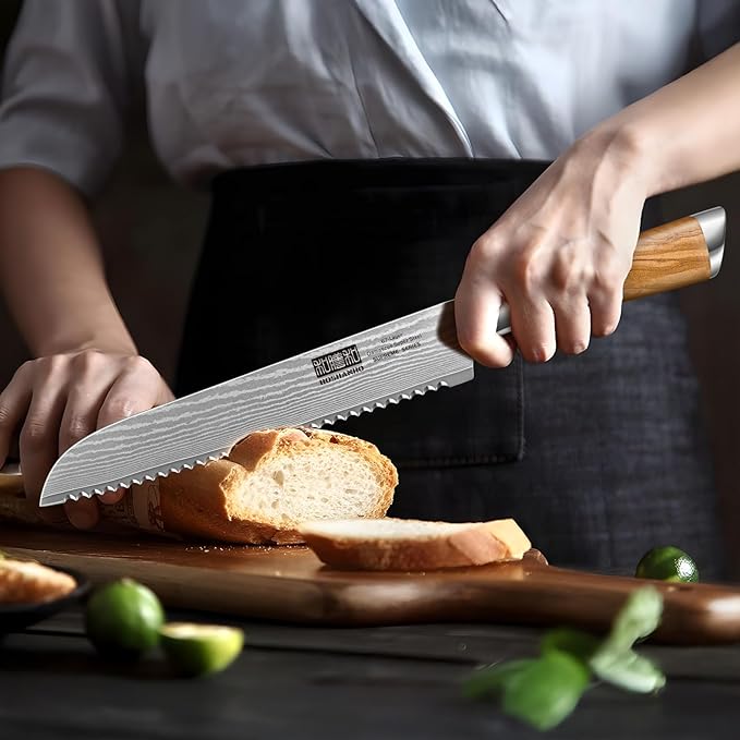 HOSHANHO Damascus Bread Knife 8", Sharp Serrated for Homemade Sourdough