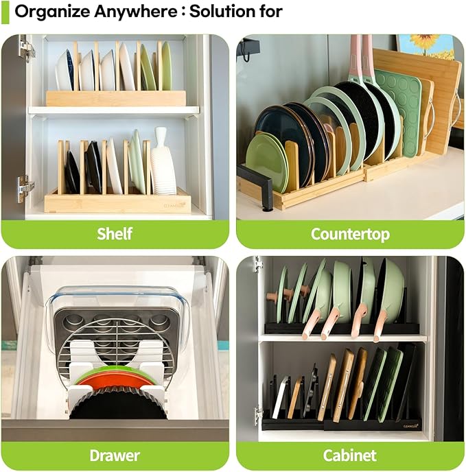 Pots and Pans Organizer under Cabinet Expandable Bamboo Pot Lid Holder Rack