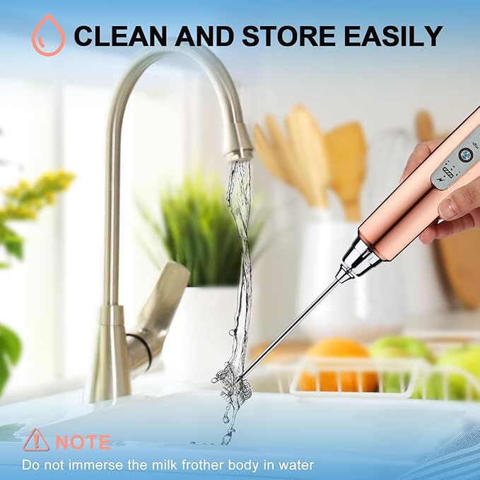 YUSWKO Handheld Milk Frother Wand for Coffee, Rechargeable Electric Whisk with 3 Heads 3 Speeds Drink Mixer Coffee Frother For Latte, Cappuccino, Hot Chocolate, Egg, Rose Gold with Holder