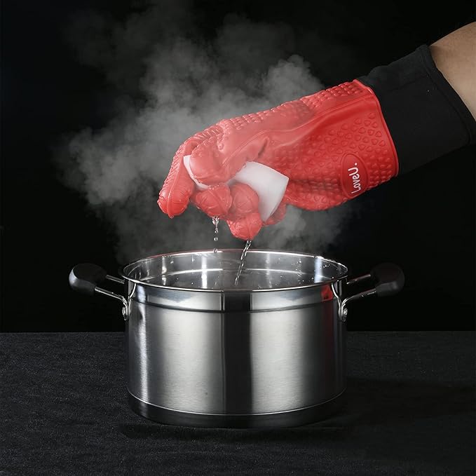 Loveuing Kitchen Oven Gloves - Dual-Layer Heat Resistant Grilling Gloves, Silicone Oven Mitts with 5 Fingers, Waterproof Non-Slip Pot Holder for Barbecue, Cooking, Baking (Red, Long)