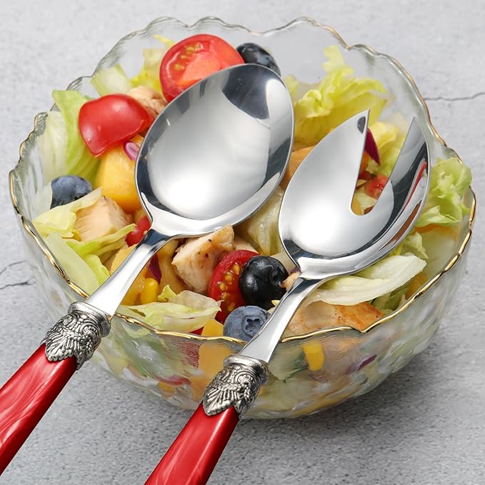 CATHYLIN 2-piece Salad Servers Stainless Steel Salad Serving Set Salad Fork and Spoon (Red)