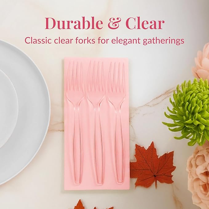 Prestee 100 Count Plastic Forks - Heavy Duty Forks Disposable for Parties, Events, and Catering - Crystal Clear Silverware and Durable Plastic Utensils Flatware Set for Weddings and Celebrations