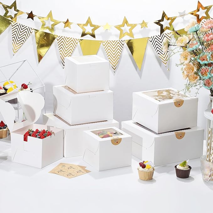 EQOREIIN 10Pack 6 inch Small Cake Boxes with Cake Board and Stickers