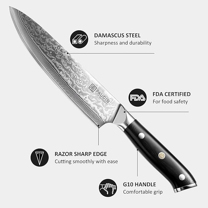 PAUDIN Chef Knife 8 Inch, Damascus Kitchen Knife with G10 Handle