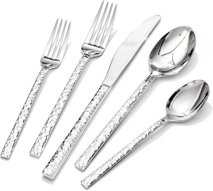 20 Piece Hammered Silverware Set, 18/10 Stainless Steel Flatware Set for 4
