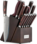 Knife Set with Block and Sharpener, 15 Piece Kitchen Knife Block Set