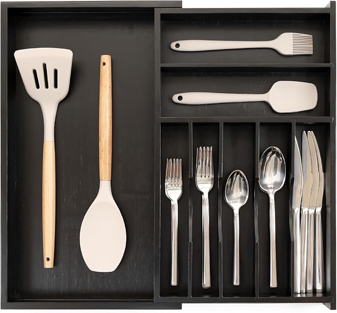 KitchenEdge Silverware & Utensil Drawer Organizer, 10.5-19 in, Black Bamboo