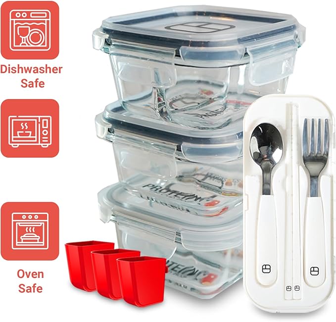 BariBowl Portion Control Containers for Bariatric Meals – 8 oz Glass Meal Prep Containers with Two 4 oz Compartments and Lids (3 Pack), Reusable Bento Lunch Boxes