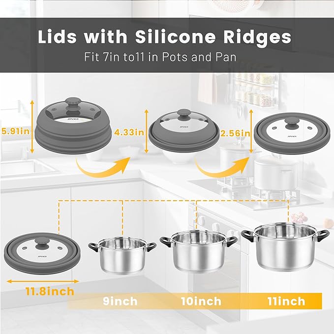 Microwave Splatter Cover, Vented Silicone & Glass Anti-Splatter Lid with Handle, Collapsible Food Plate Cover Fits 6–11 Inch Plates and Bowls (Gray, 11.8inch)