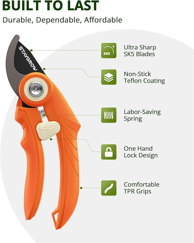STAYGROW Garden Shears 6.9" Pruning Shears for Gardening Orange