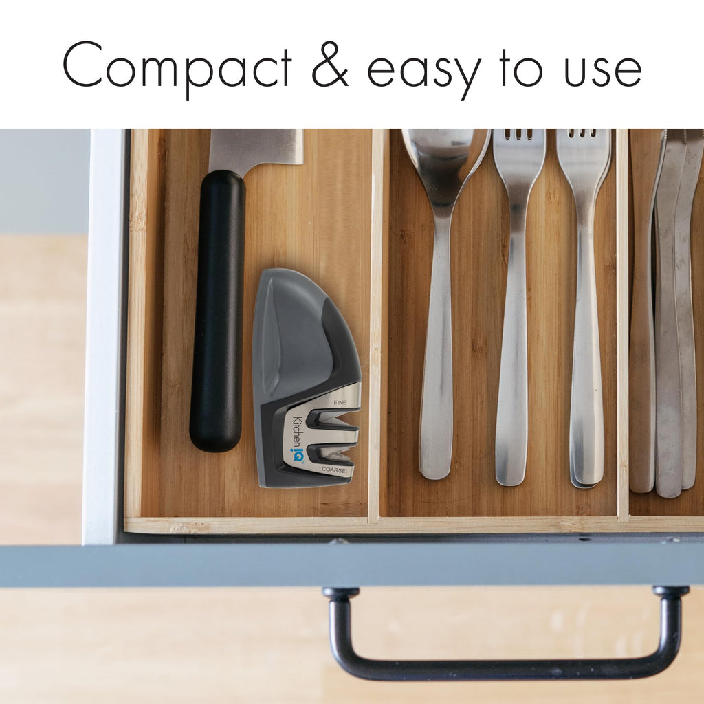 KitchenIQ 50009 Edge Grip 2-Stage Knife Sharpener, Black, Coarse & Fine Sharpeners, Compact for Easy Storage, Stable Non-Slip Base, Soft Grip Rubber Handle, Straight & Serrated Knives