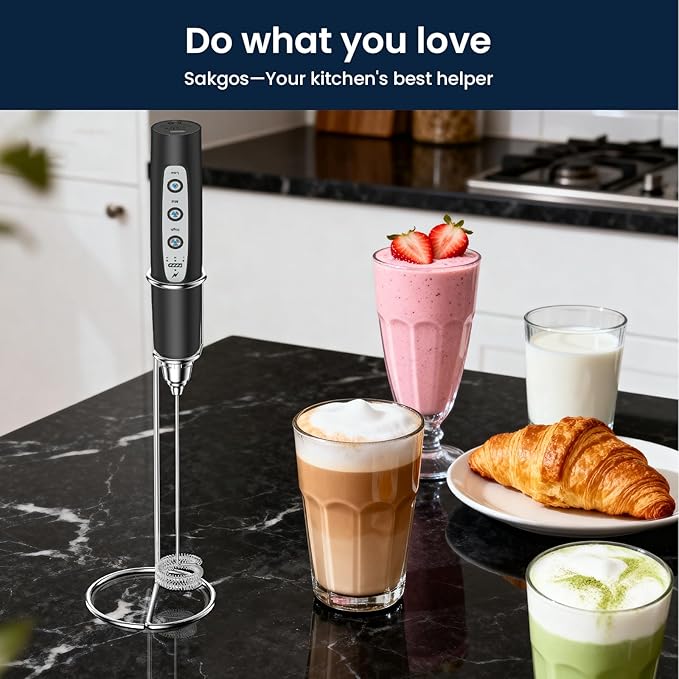 Milk Frother Wand Rechargeable Handheld Electric Whisk 3 Speed Adjustable