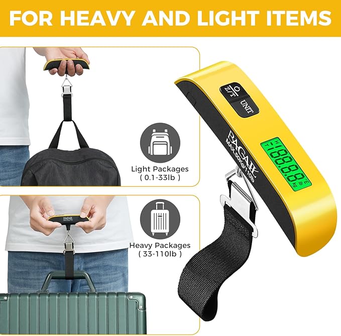 BAGAIL Digital Luggage Scale, 110lbs Hanging Baggage Scale with Backlit LCD Display,Portable Suitcase Weighing Scale,Travel Luggage Weight Scale with Hook,Strong Straps for Travelers(Yellow)