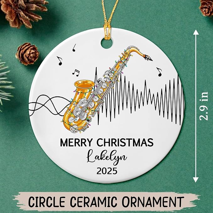 Personalized Saxophone Player Ceramic Christmas Ornament 2026, Customized Text Year Name Saxophonist Hanging Xmas Ornaments Gift, Unique Saxophone Instrument Ceramic Ornament for Women Men DDA Mom