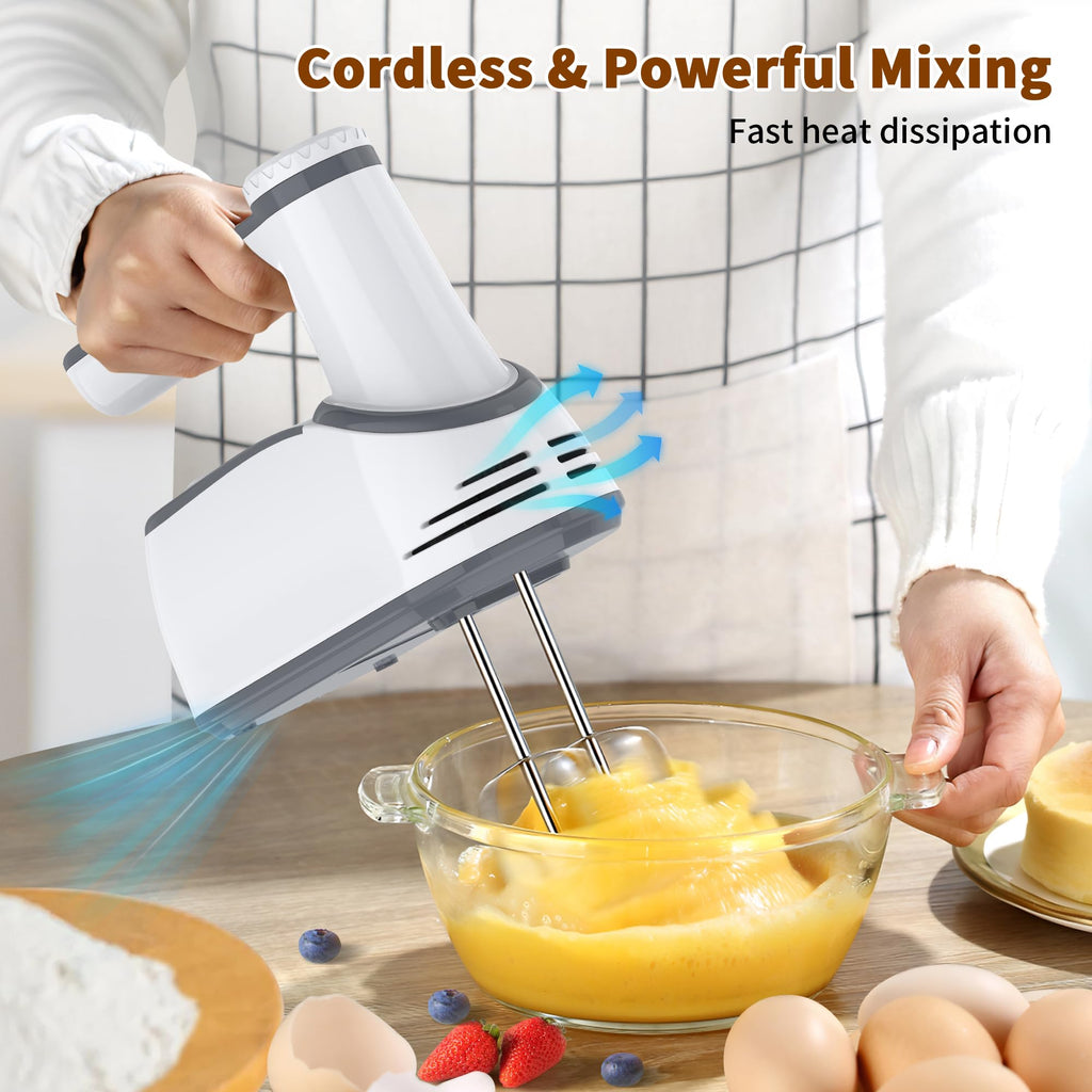 Cordless Electric Hand Mixer: 12 Speeds Powerful Handheld Mixer with 6 Stainless Steel Attachments (2 Beaters, 2 Dough Hooks, 2 Whisks), Snap-On Storage Case & Eject Button (White)