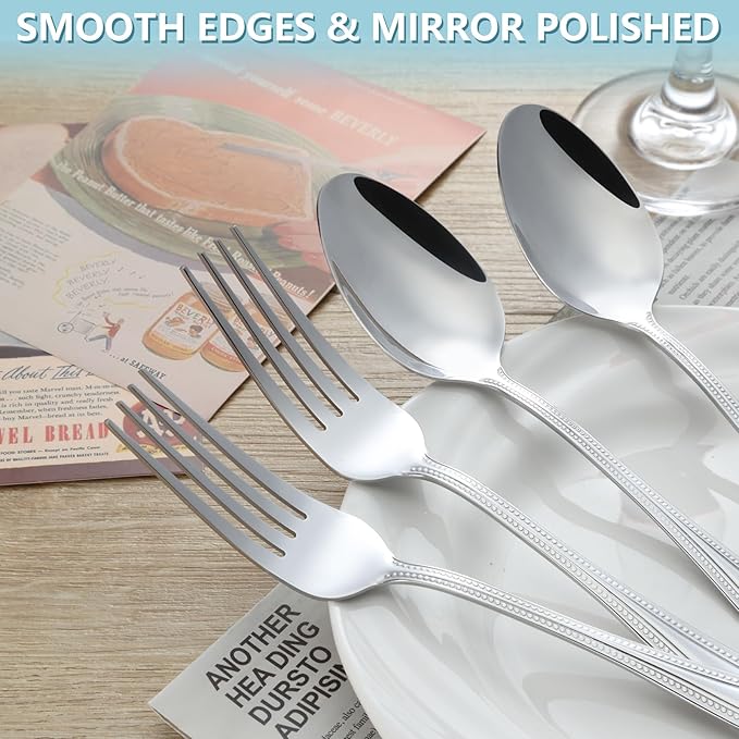 Gymdin 24 PCS Spoons and Forks Set, Food Grade Stainless Steel with Pearl Dot Design Handle Silverware Set, Mirror Polished Dishwasher Safe, Silverware Forks and Spoons for Home or Restaurant