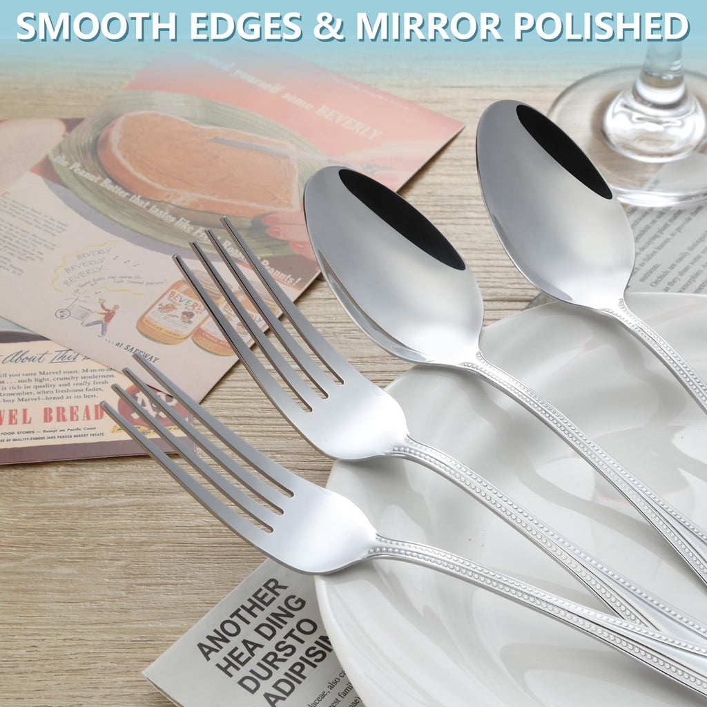 Gymdin 24 PCS Spoons and Forks Set, Food Grade Stainless Steel with Pearl Dot Design Handle Silverware Set, Mirror Polished Dishwasher Safe, Silverware Forks and Spoons for Home or Restaurant