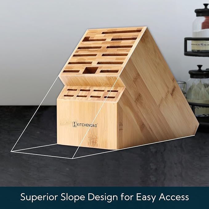 KITCHENDAO 20 Slot Bamboo Knife Block without Knives, Universal Knife Holder for Kitchen, Holding Multiple Types of Knives, Countertop Butcher Block Knife Stand for Easy Kitchen Storage