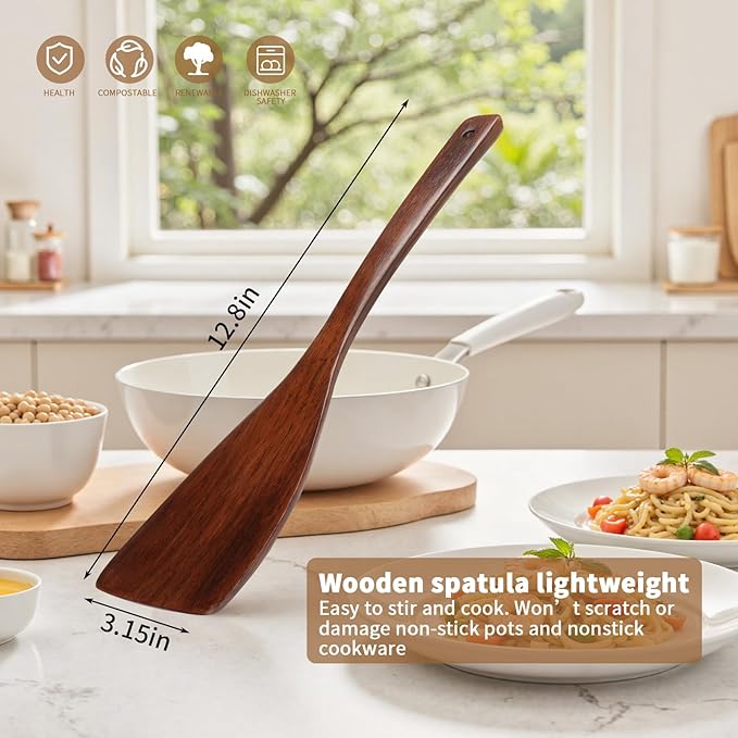 Wooden Spatula for Cooking, Long Handle Wood Spatulas for Non Stick Frying Pan, Right Hand Wood Turner for Cooking Kitchen Cookware