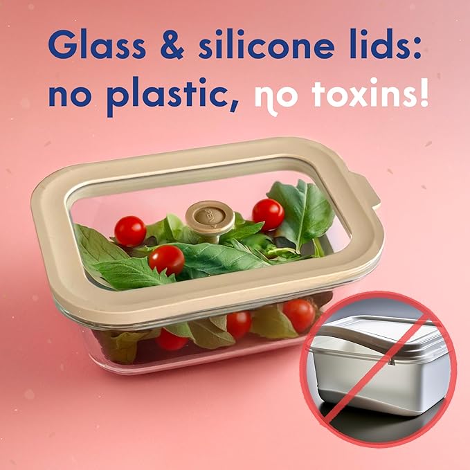 Non-Toxic Glass Food Containers with Lids, 4-Pack, 35 oz, Airtight, Beige