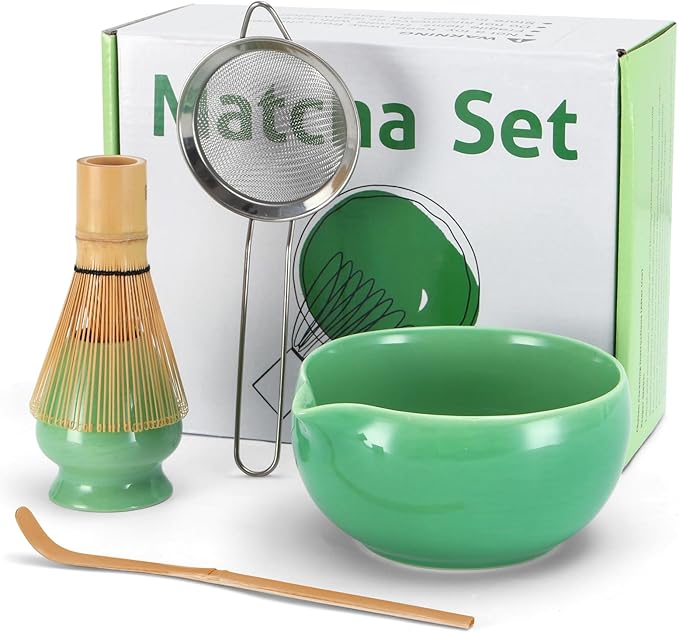 Matcha Whisk Set 5 Pcs, 18OZ Matcha Bowl With Thoughtful Spout, 100% Natural Bamboo Whisk, Ceramic Whisks Holder, 304 Stainless Sifter, Tea Scoop, Tea Spoon, Gift for Matcha Lovers Beginner