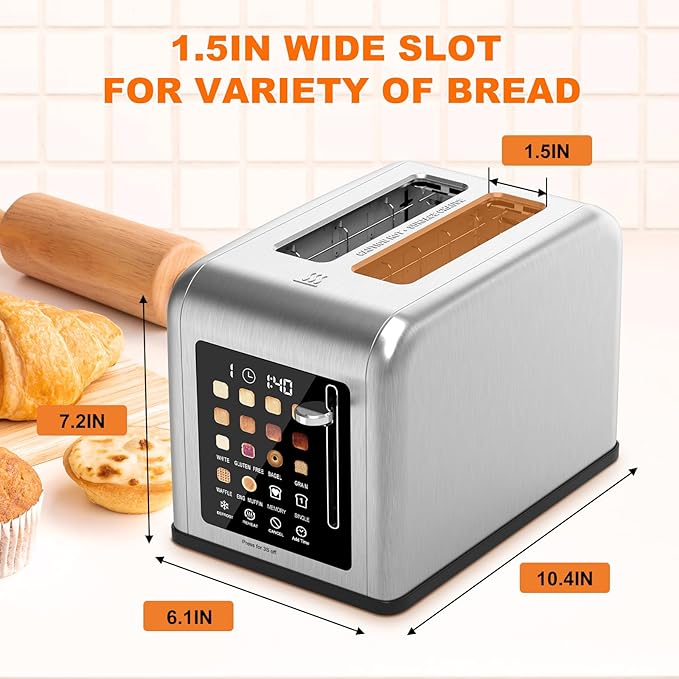 2 Slice Toaster Touch Screen, Stainless Steel Toasters Digital Timer 2 Slot Toasters, 8 Shade Settings 6 Bread Types for Bagel, Cancel, Defrost（Silver）
