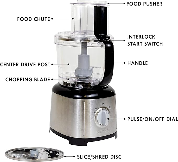 Kenmore Food Processor and Vegetable Chopper with Reversible Slicing/Shredding Disc, Chop, Slice, Shred, Mince, Grate, Puree, Stainless Steel, 11-Cup, 500W, Black and Silver