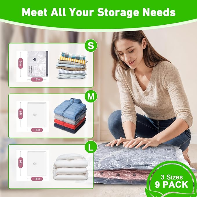 Aaronbird Vacuum Seal Bags for Clothing with Wireless Electric Pump - Travel & Home Use, 9 Pack Ideal Space Saver Vacuum Storage Bags, Travel Vacuum Bags for Luggage