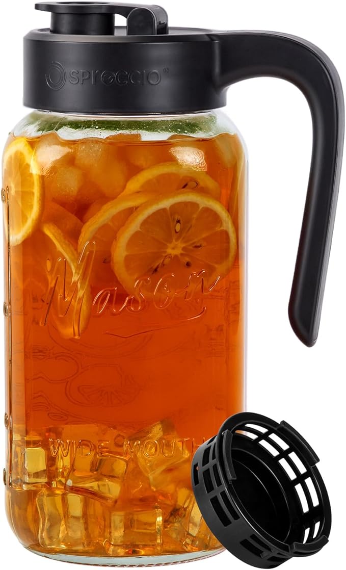 Spreccio Mason Jar Pitcher with Tea Filter, 64 oz Glass Pitcher with Lid