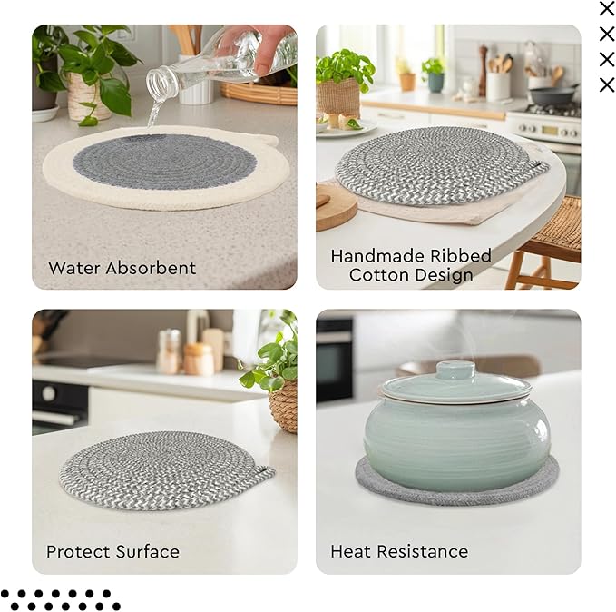 Encasa XO Round Trivet Mats, Heat Resistant Cotton 7" Grey Combo