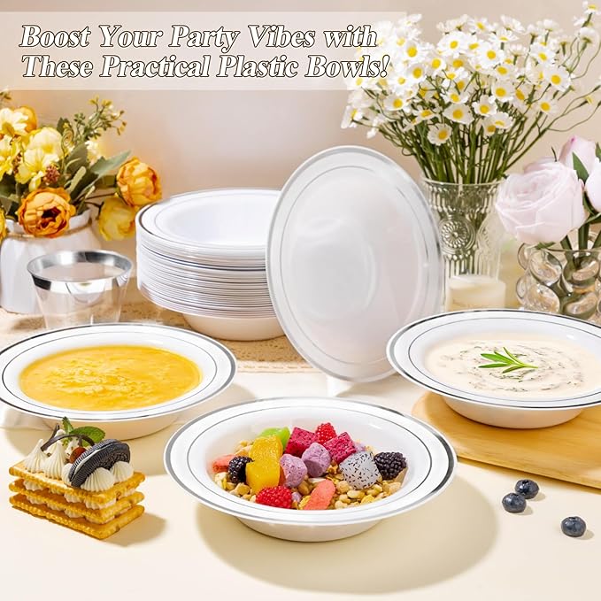 BESTSTAR 50 Pack Disposable Soup Bowls with Silver Rim