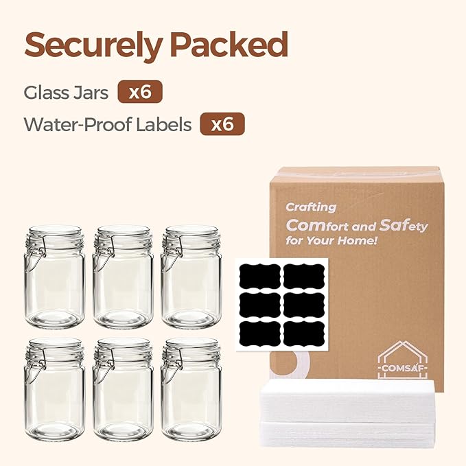 ComSaf 25 oz Glass Jars with Airtight Lids 6 Pack Pantry Coffee Canisters