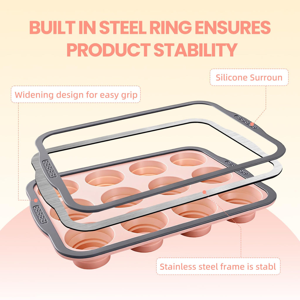 BHNJUTM 12-Cup Silicone Muffin Pan for Baking - Premium Nonstick Muffin Tin with Metal Reinforced Frame, Easy to Clean Silicone Cupcake Molds, Dishwasher & Oven Safe BPA Free (one pink)