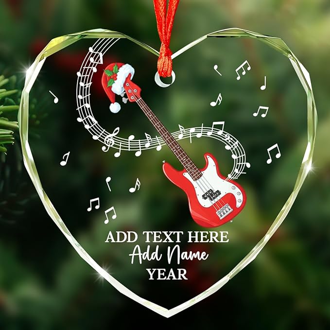 Personalized Bass Guitar Christmas Tree Glass Ornament, Bass Guitar Lovers Christmas Ornaments 2026, Custom Guitarist Xmas Ornament with Text Name & Year, Musical Instrument Players Gifts