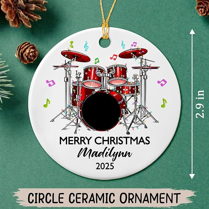 Personalized Drum Set Ceramic Christmas Ornament 2026, Customized Text Year Name Drummer Keepsake Ornaments Gift for Women Men Friend Daughter Son, Drumming Drum Set Ceramic Ornament for Appreciation