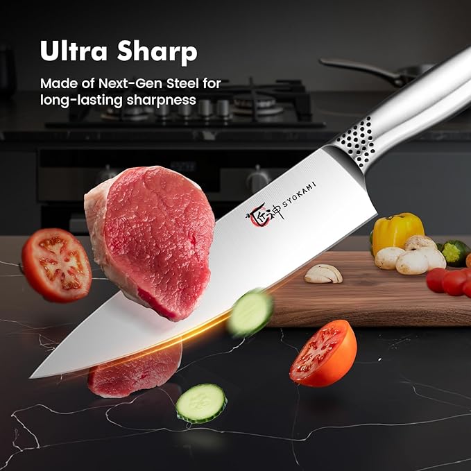 SYOKAMI Japanese Knives Set for Kitchen, Magnetic Knife Set with Block and Sharpener, Stainless Steel Knife Set as Gift for Couple, Wedding, Women or Mom with Gift Box, 14 PCS Black Dot