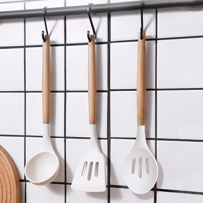 IOCBYHZ Silicone Kitchen Utensils Set of 5, Cooking Utensil Set with Heat Resistant Wooden Handle Non-Stick Silicone Spatula Spoon Turner Ladle, BPA FREE Cooking Kitchen Gadgets for Cookware & Baking